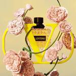 A vibrant yellow perfume bottle surrounded by delicate pink flowers, framed by a bold yellow "V" logo.