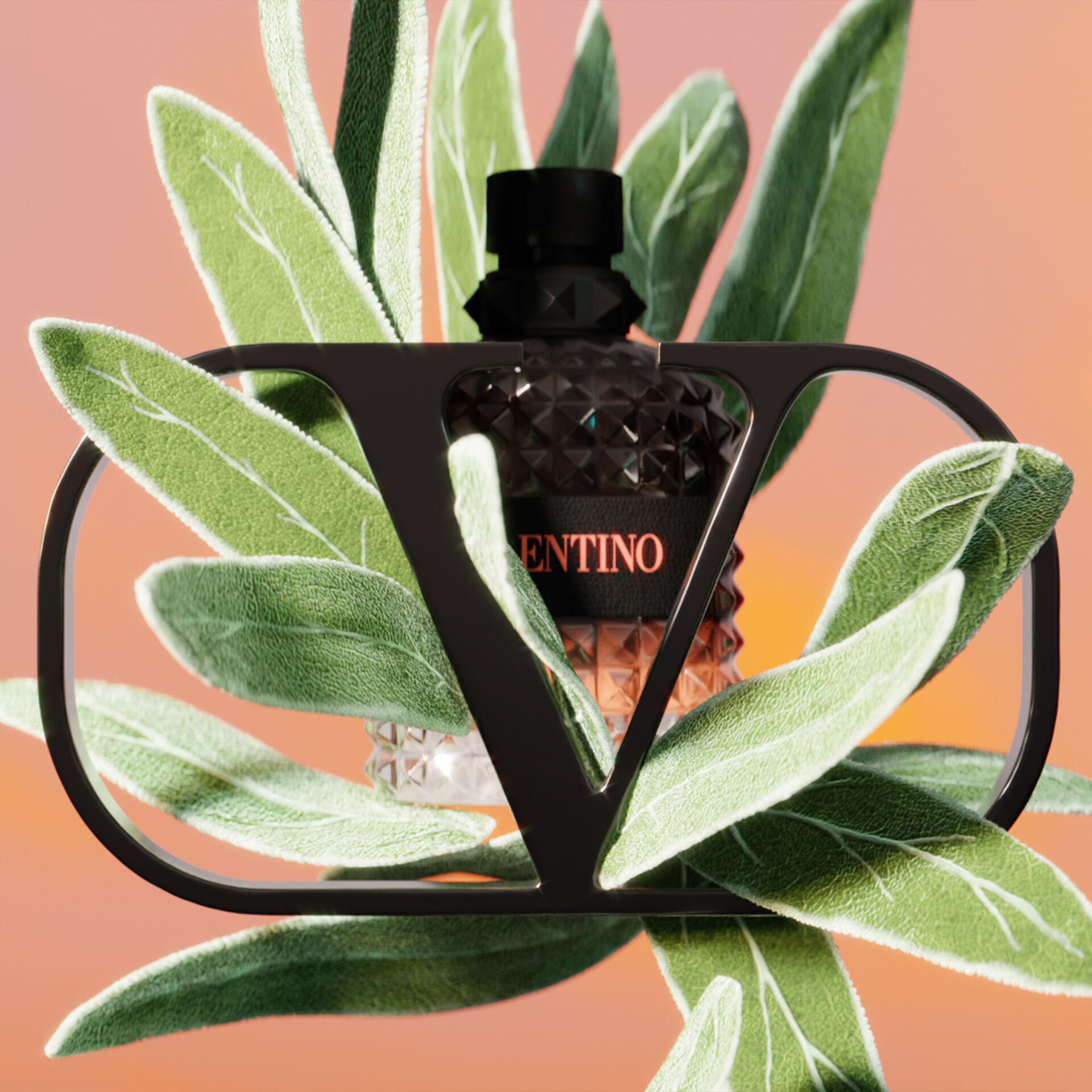 A luxurious perfume bottle framed by vibrant green leaves, set against a soft gradient background. The bottle features a geometric design and is labeled "Valentino."